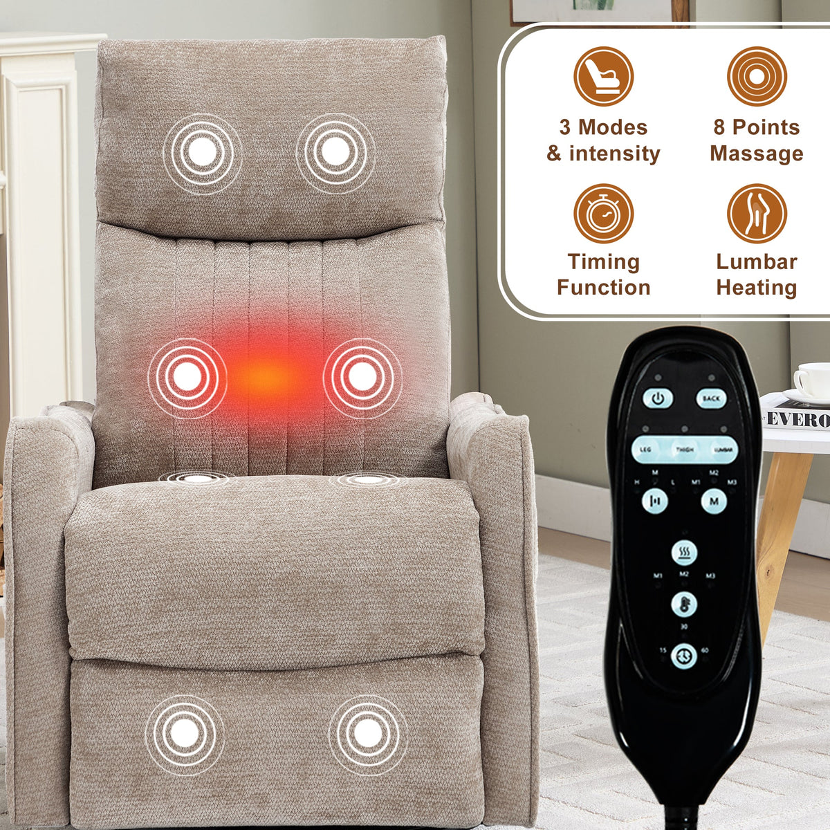 Khaki Heat Massage Recliner Chair and Swivel