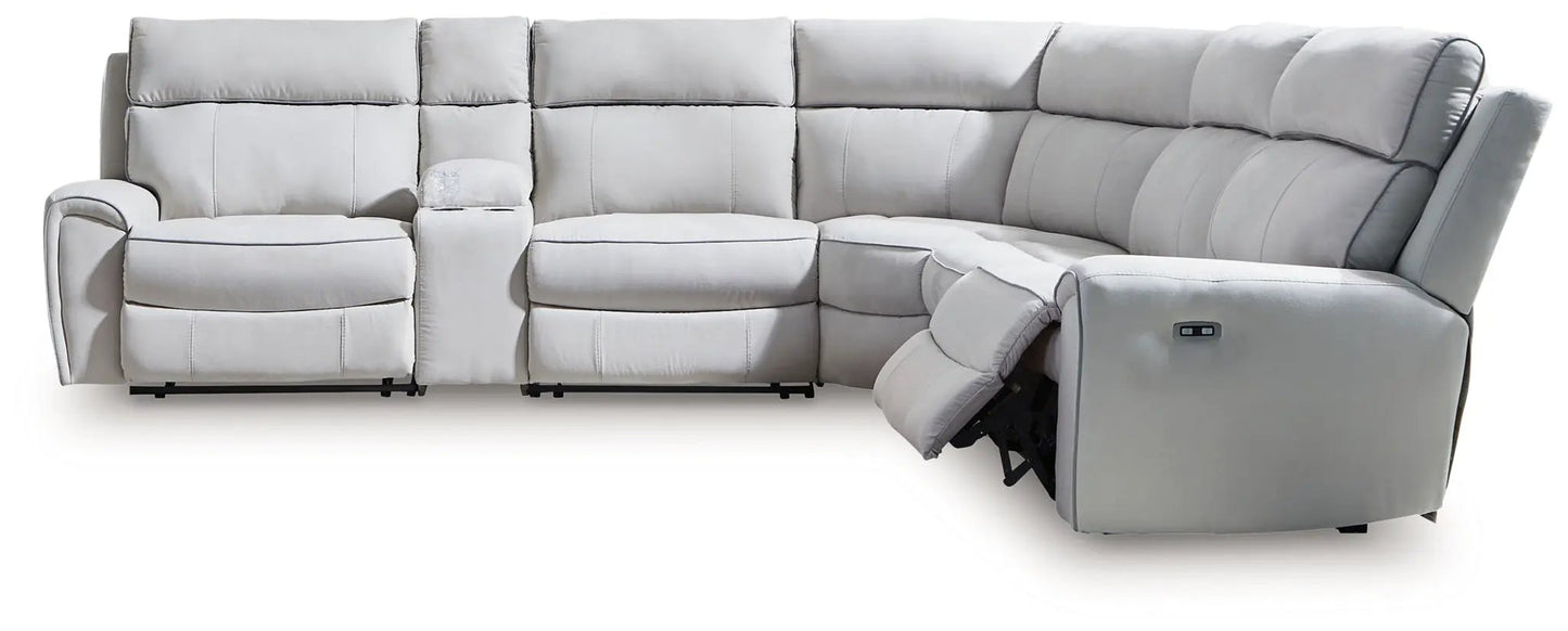 Social Pointe reclining sectional by Unique Piece Furniture in light gray fabric, power recline on Tampa Home & Garden Store