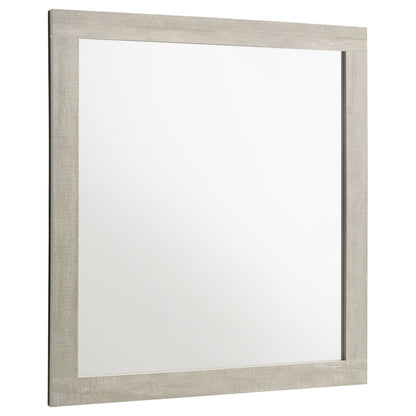 Rustic gray-washed wood-framed wall mirror for bedroom decor on Tampa Home & Garden Store