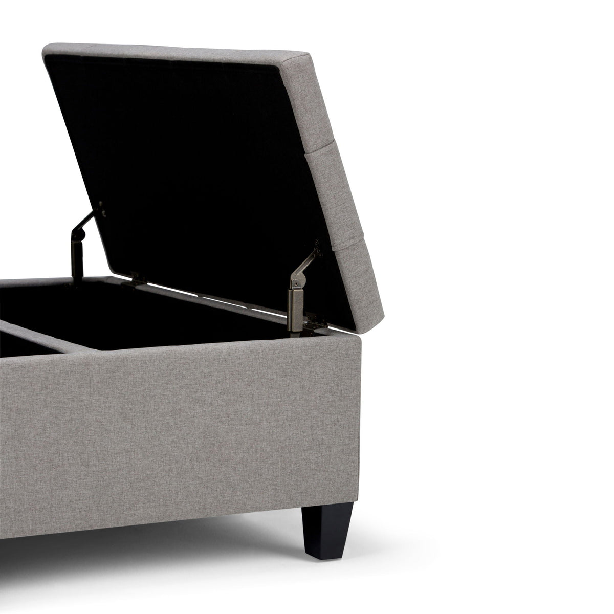 Harrison tufted lift-top storage ottoman in grey fabric with black legs on Tampa Home & Garden Store