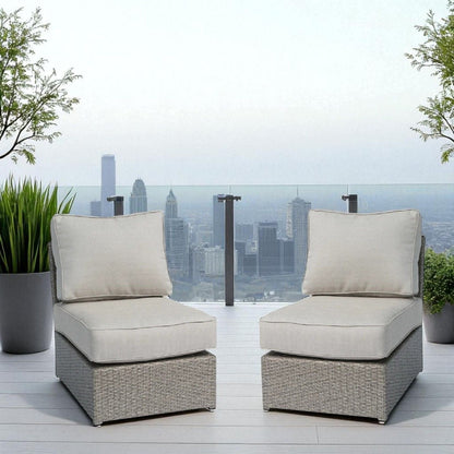 Armless patio chairs pair, HouseOfZazla, beige cushions on wicker bases, outdoor set on Tampa Home & Garden Store
