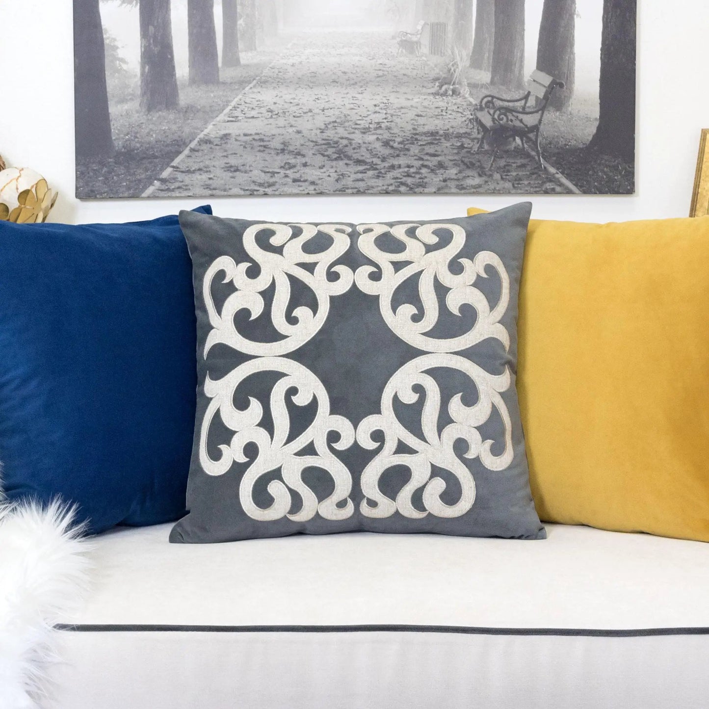 Dora pillow cover with matching back, grey with white scroll pattern, Unique Piece Furniture on Tampa Home & Garden Store