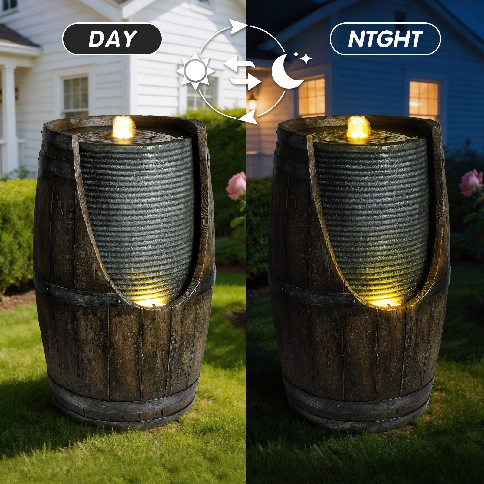 Wooden Barrel Style Outdoor Water Fountain with Lights (two displays) by HouseOfZazla on Tampa Home & Garden Store