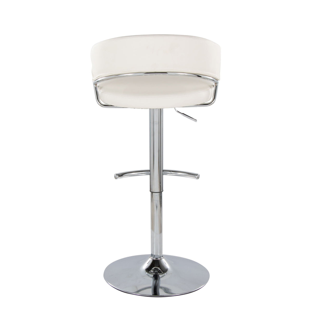 White leather adjustable barstool with swivel and chrome pedestal base and footrest on Tampa Home & Garden Store