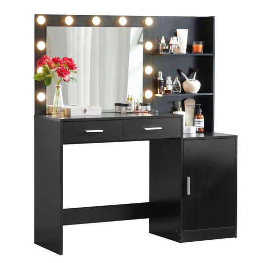 Vanity desk with mirror and lights in black, 2 drawers and shelves, Unique Piece Furniture on Tampa Home & Garden Store