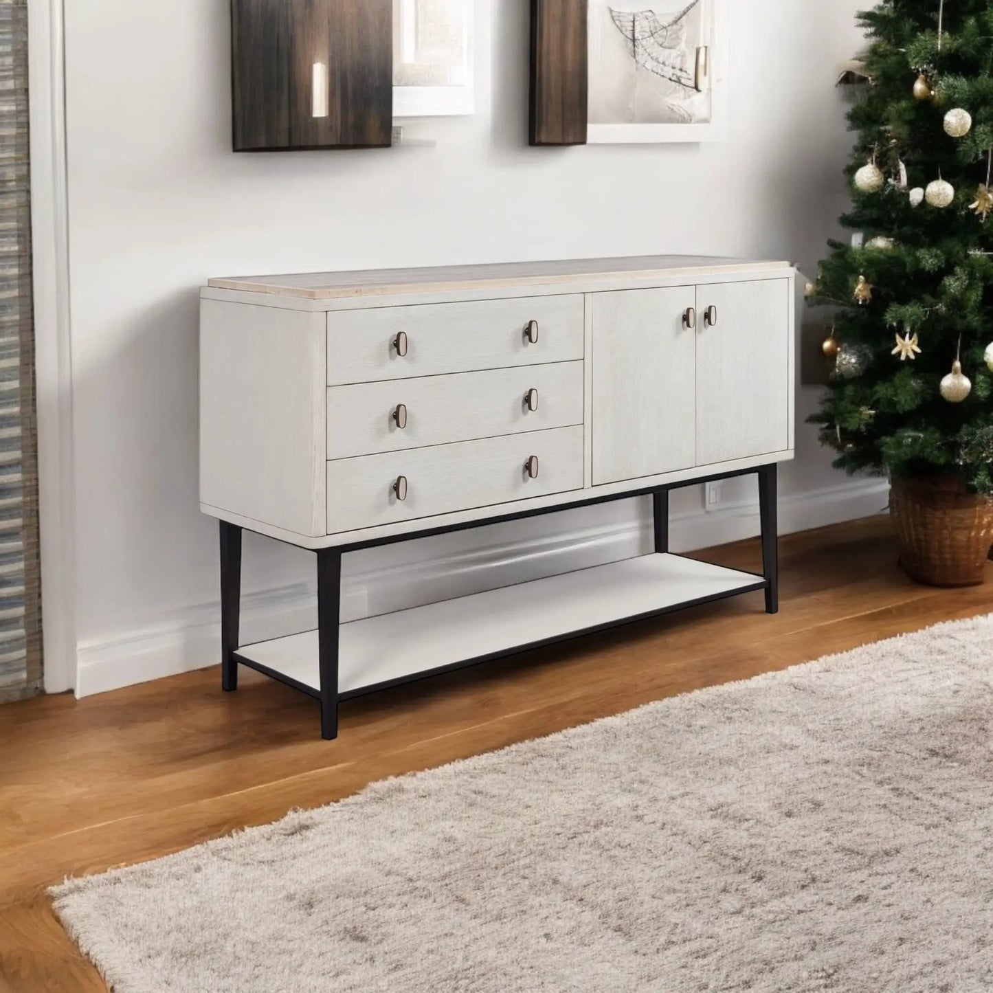 Server With Base White finish with light wood top and black metal legs on Tampa Home & Garden Store
