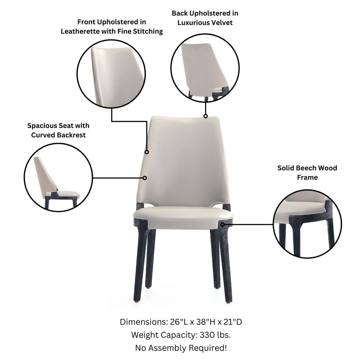 Kara Dining Chair Set of 2 with solid beech wood frame; gray leatherette front and velvet back on Tampa Home & Garden Store