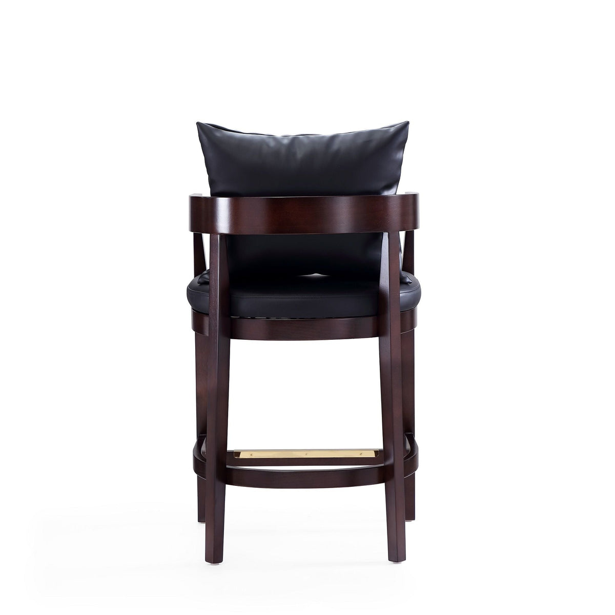 Mid-Century Modern counter stool with black upholstered seat on dark wood frame and gold footrest on Tampa Home & Garden Store