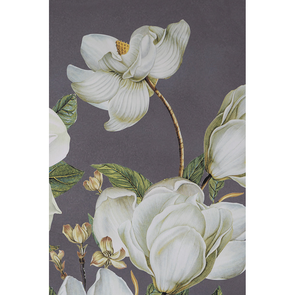 Botanical wall art print with white magnolia blossoms and green leaves on a purple background on Tampa Home & Garden Store