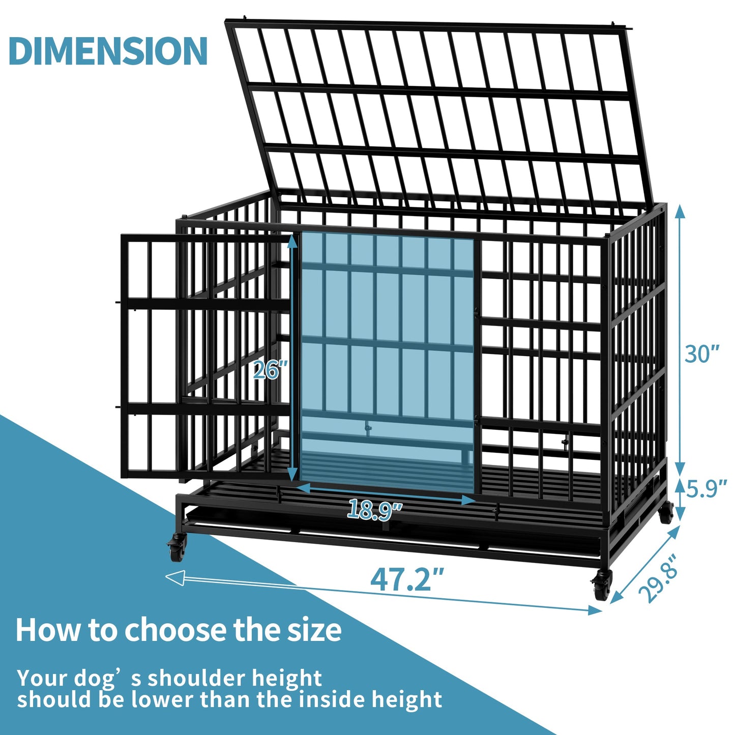 48 Inch Heavy Duty Dog Crate with Wheels, black metal by HouseOfZazla dimension diagram on Tampa Home & Garden Store