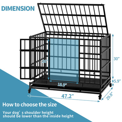 48 Inch Heavy Duty Dog Crate with Wheels, black metal by HouseOfZazla dimension diagram on Tampa Home & Garden Store