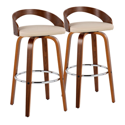 Contemporary swivel barstool set: 2 wood stools with beige cushions and chrome footrests on Tampa Home & Garden Store