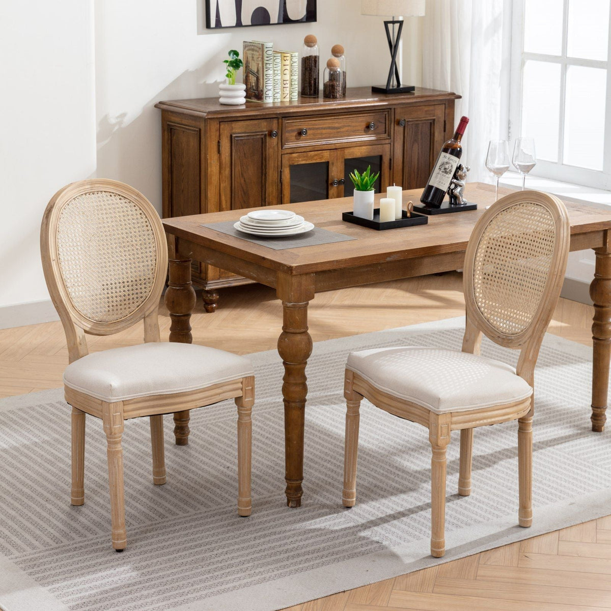 French style solid wood dining chairs with rattan backs, four-chair set around a table on Tampa Home & Garden Store