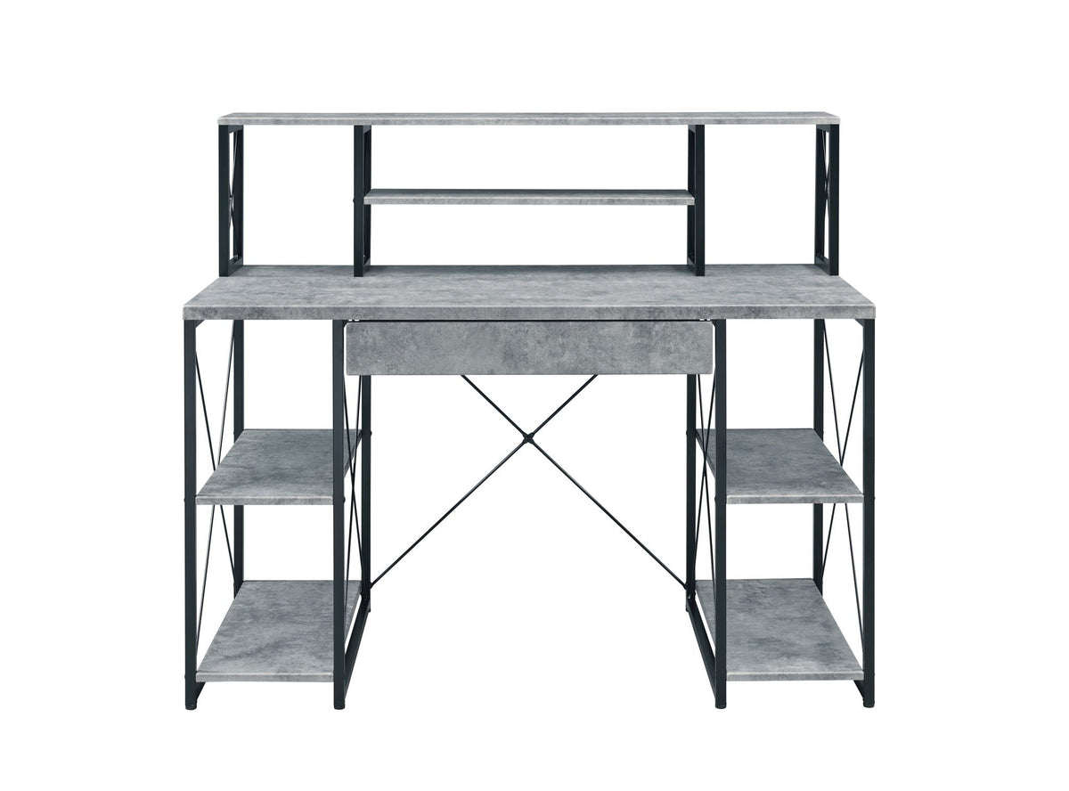 Amiel All Purpose Writing Desk with Storage gray top black metal frame open shelving on Tampa Home & Garden Store