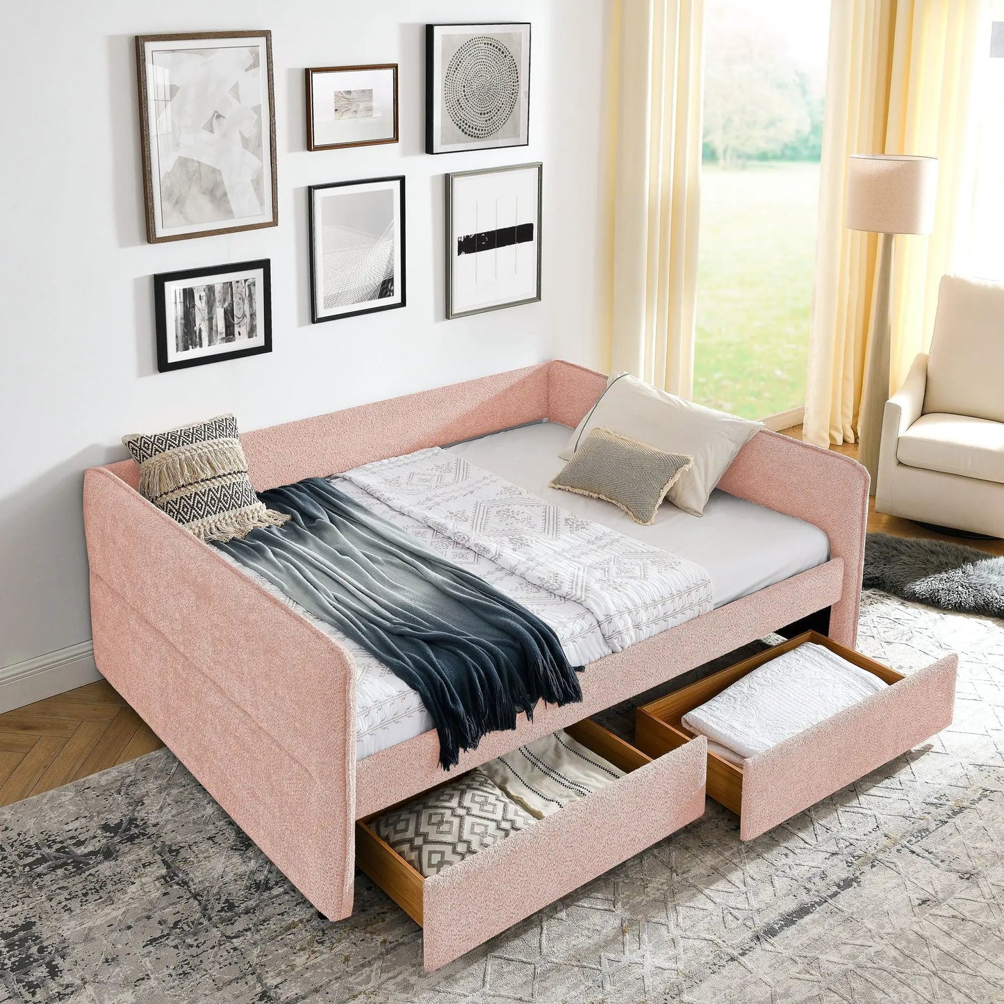 Upholstered daybed with pink fabric and 2 underbed drawers by Unique Piece Furniture on Tampa Home & Garden Store