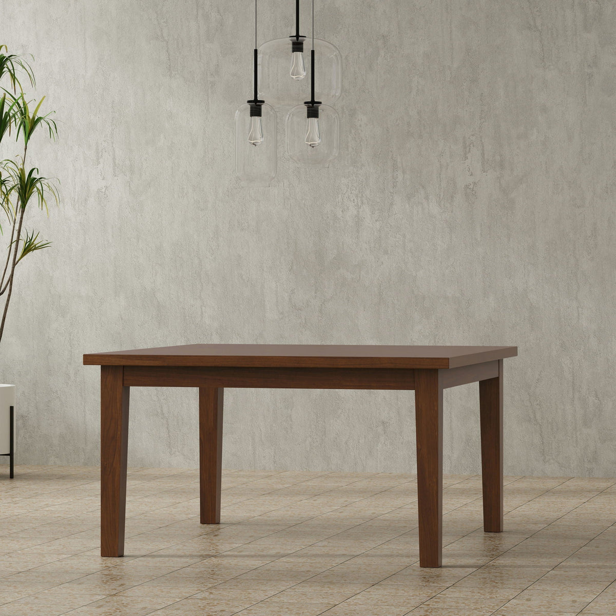 Rubberwood dining table with lacquer finish in warm brown, square legs on Tampa Home & Garden Store