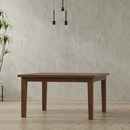 Rubberwood dining table with lacquer finish in warm brown, square legs on Tampa Home & Garden Store