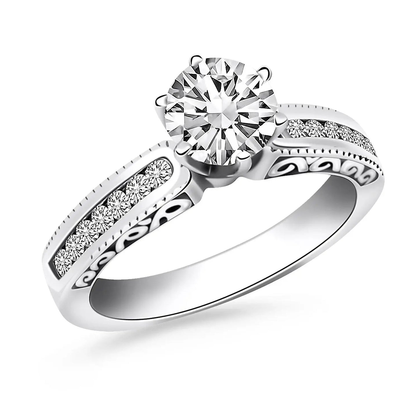 14k white gold engagement ring with round center diamond in six-prong setting and pavé band on Tampa Home & Garden Store