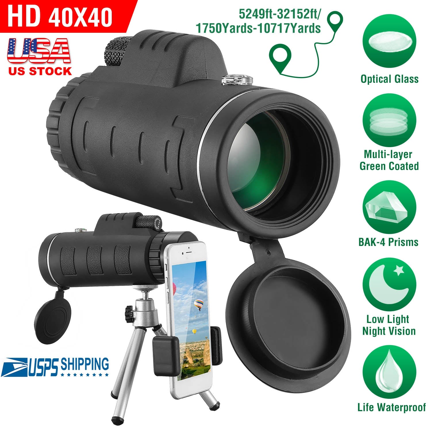 GemGear 40x40 HD monocular telescope with FMC lens, phone holder, tripod on Tampa Home & Garden Store