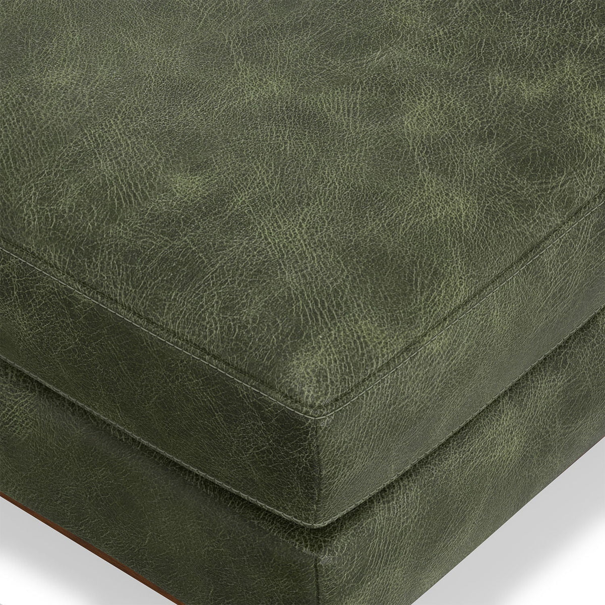 Morrison Handcrafted Ottoman olive green leatherette upholstery with visible stitching on Tampa Home & Garden Store