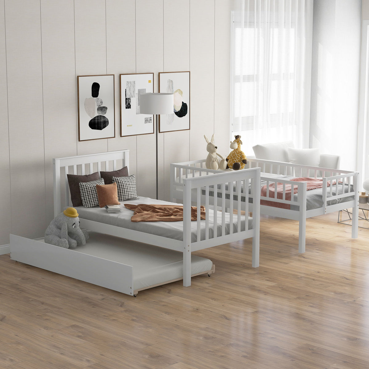 White bunk bed with staircase by HouseOfZazla for two kids in a bright nursery on Tampa Home & Garden Store