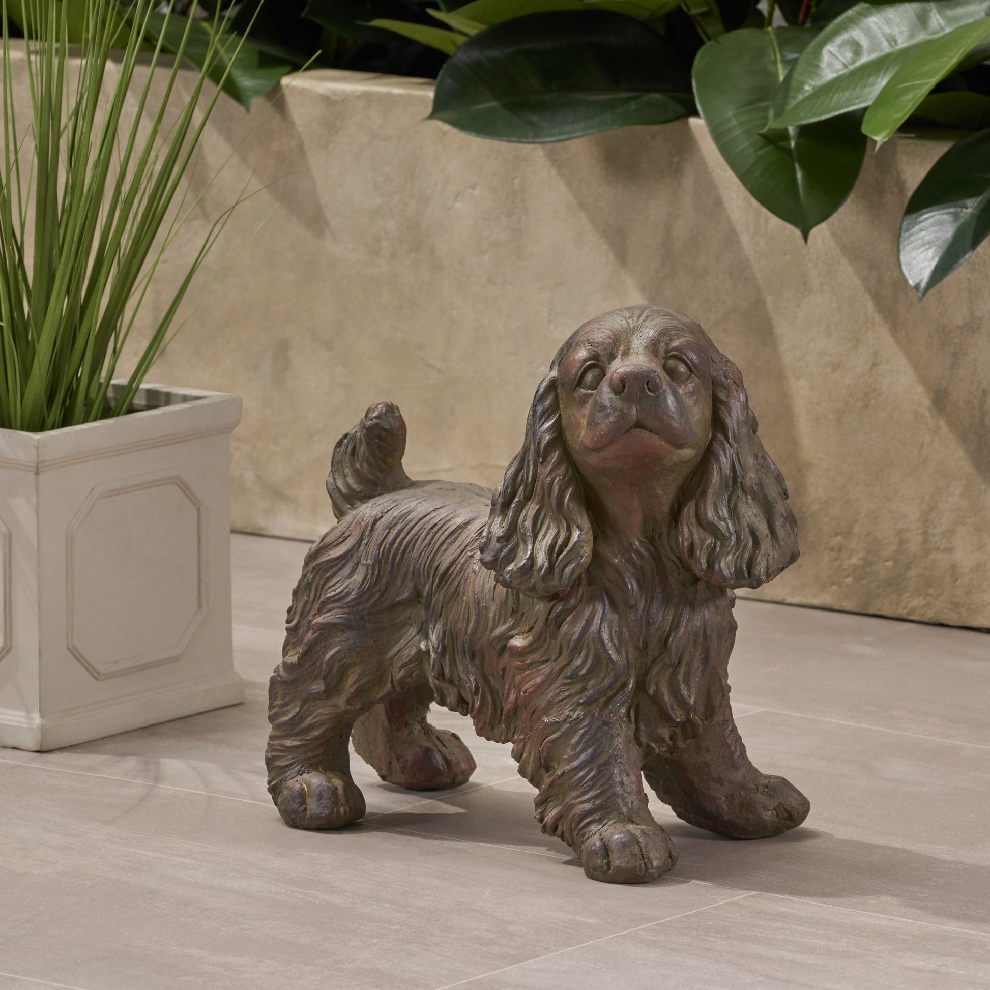 Josie dog cast stone garden statue weathered brown by HouseOfZazla on Tampa Home & Garden Store