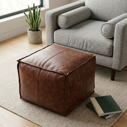 Sheffield Handcrafted Square Buffalo Leather Pouf