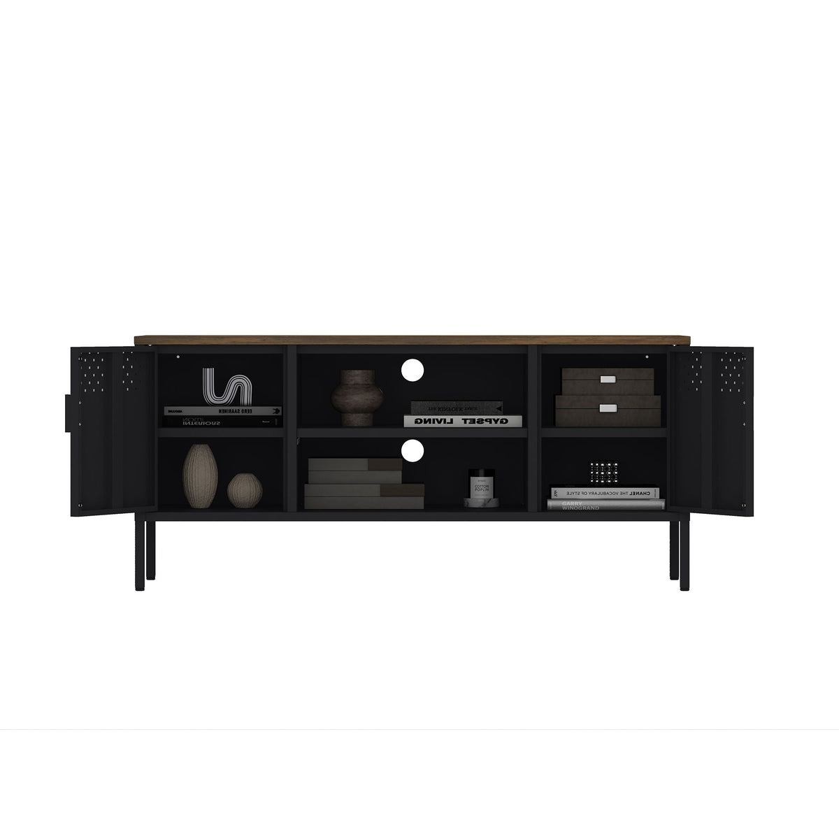 Storage Cabinet TV Stand with Steel Frame in black finish, dual cabinets and open shelves on Tampa Home & Garden Store