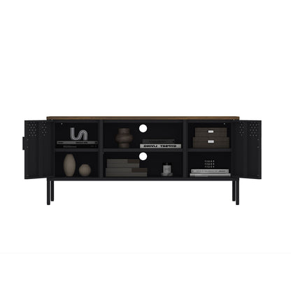 Storage Cabinet TV Stand with Steel Frame in black finish, dual cabinets and open shelves on Tampa Home & Garden Store
