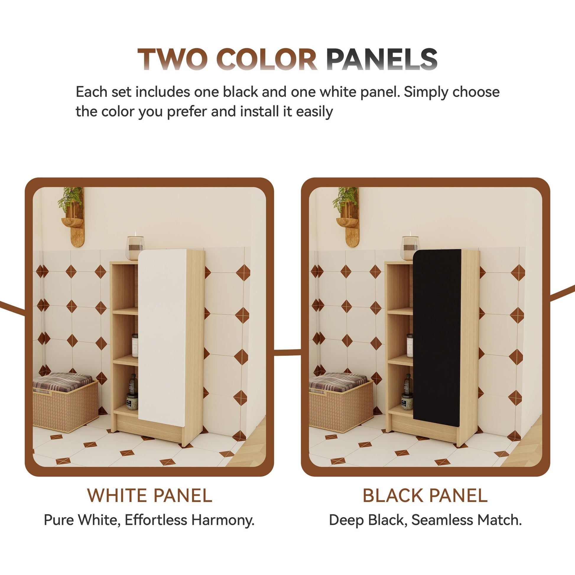 Freestanding bathroom side cabinet with white and black panels, light oak trim, open shelves on Tampa Home & Garden Store