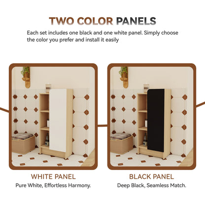 Freestanding bathroom side cabinet with white and black panels, light oak trim, open shelves on Tampa Home & Garden Store