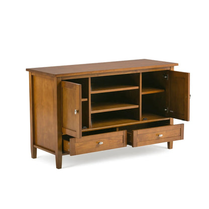 Warm Shaker TV Media Stand in warm brown wood with open shelves and cabinets by Unique Piece Furniture on Tampa Home & Garden Store