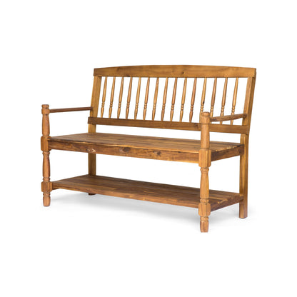 Imperial bench with built-in shelf in acacia wood, light brown finish, spindle back HouseOfZazla on Tampa Home & Garden Store