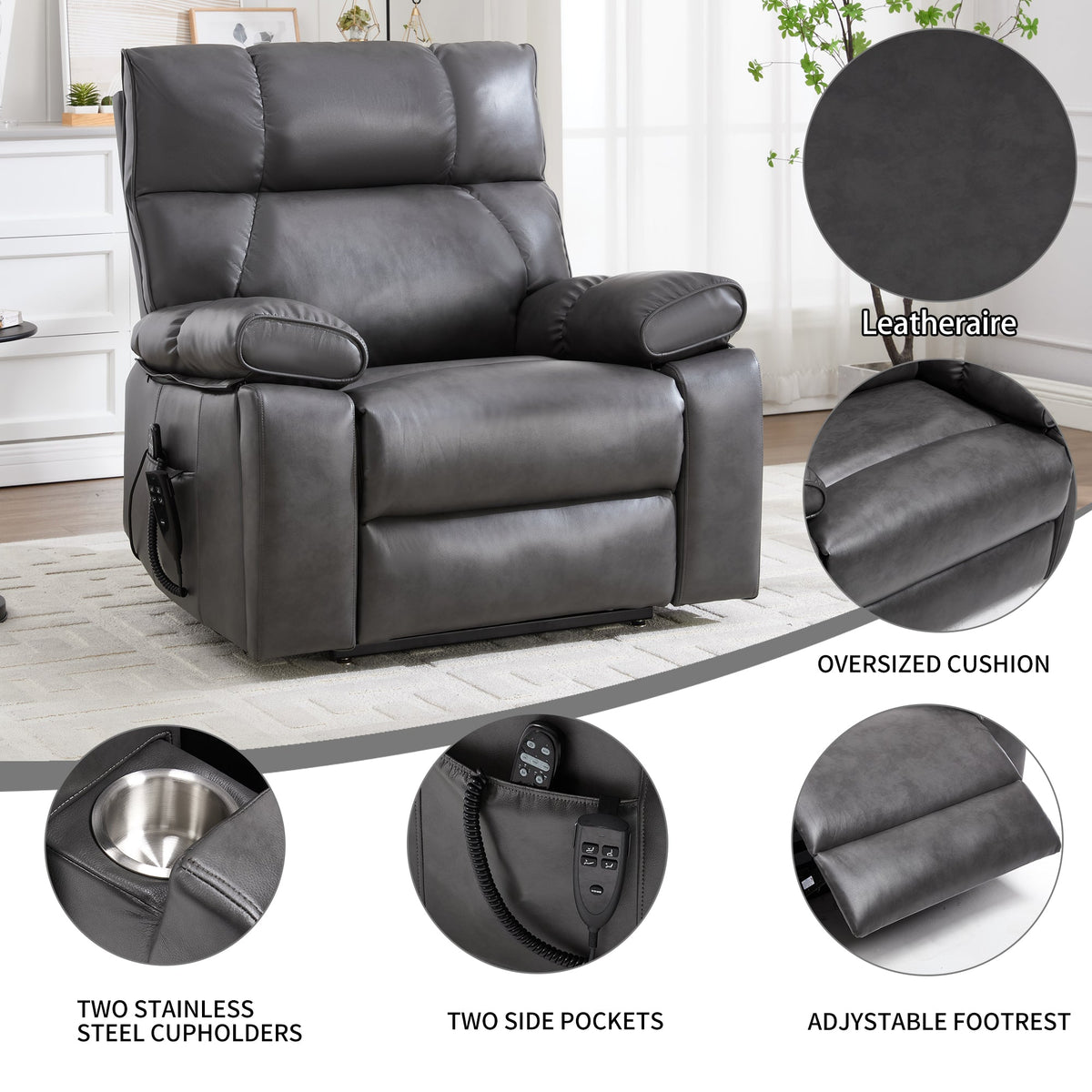 HouseOfZazla ComfortMax dark oversized lift recliner chair with dark leather upholstery on Tampa Home & Garden Store