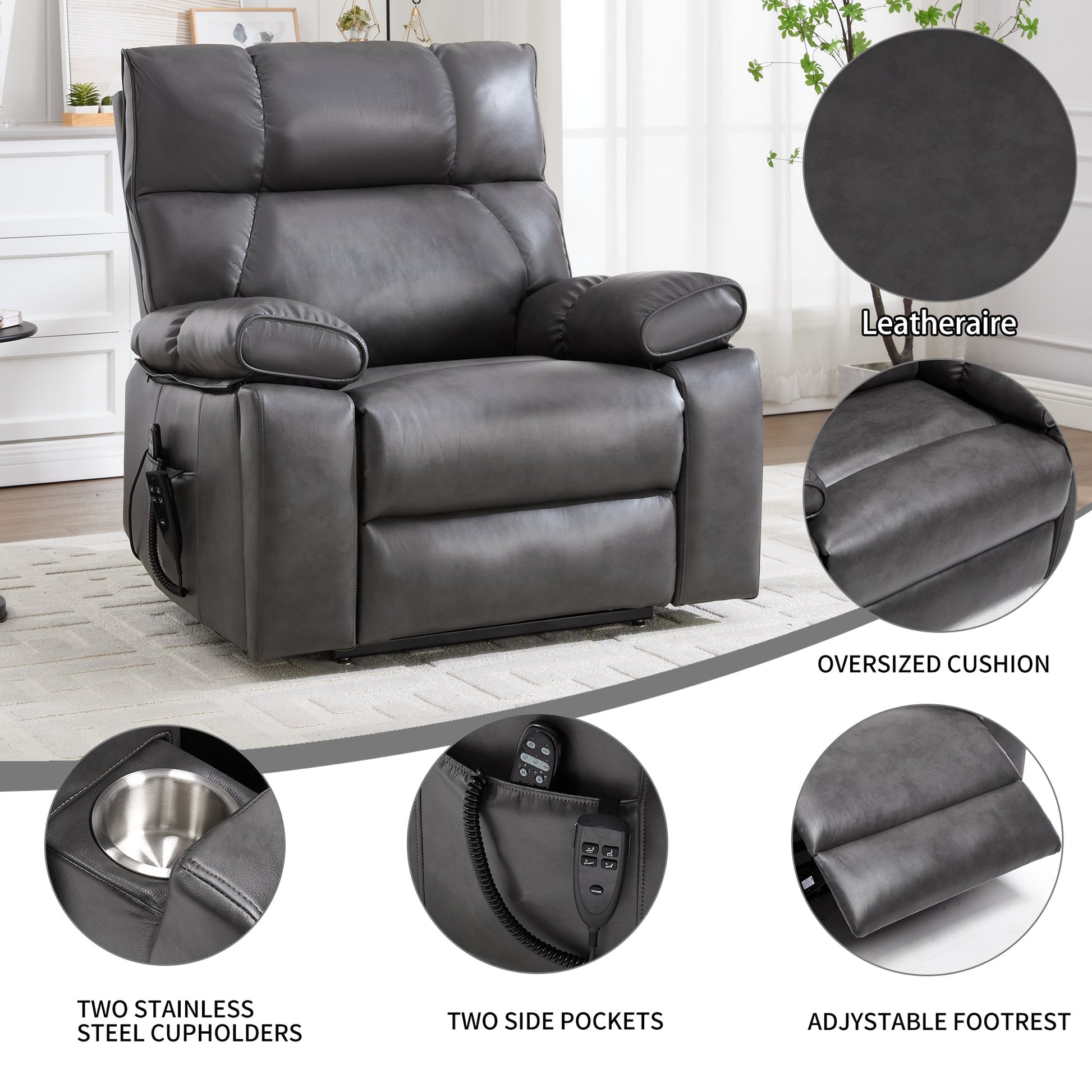 HouseOfZazla ComfortMax dark oversized lift recliner chair with dark leather upholstery on Tampa Home & Garden Store