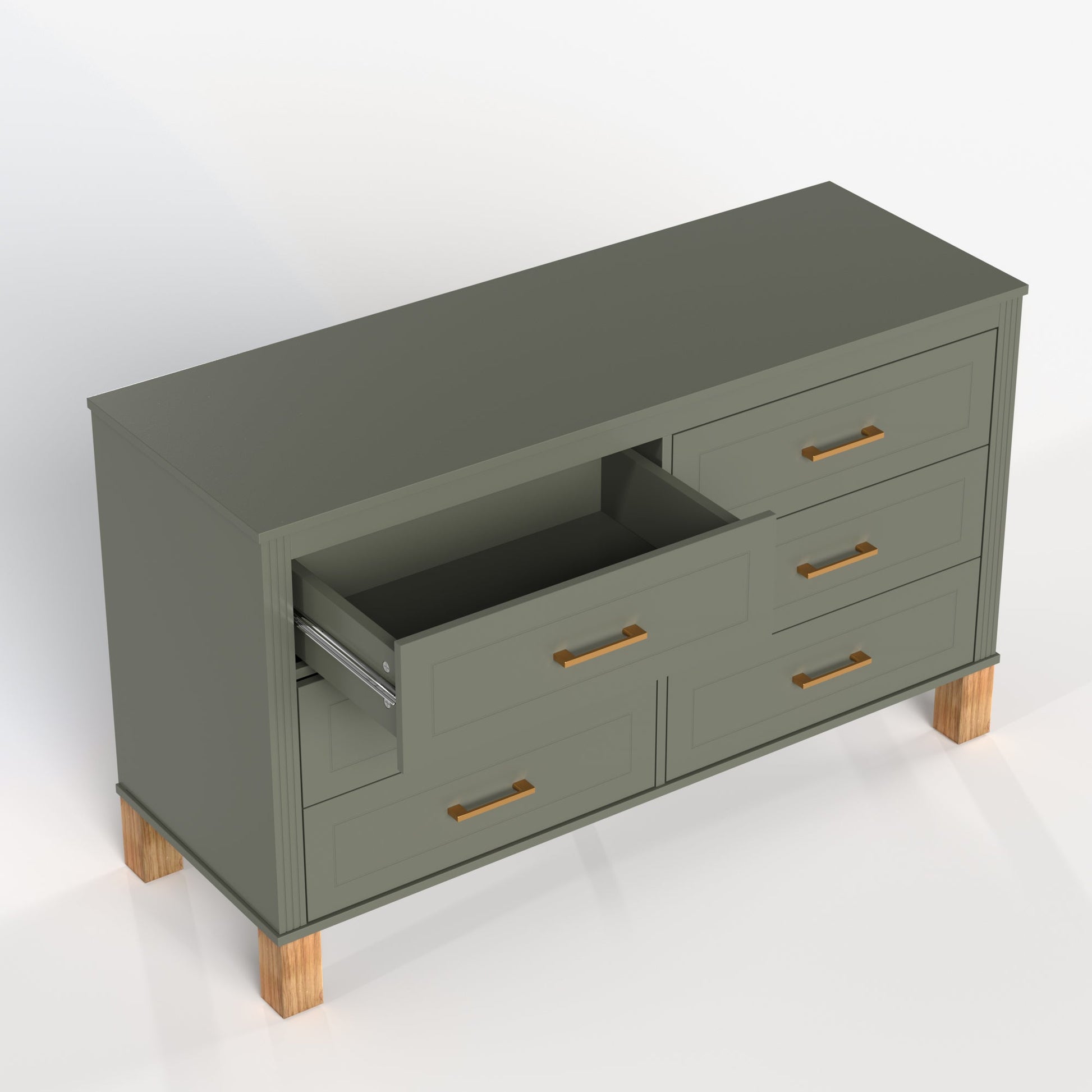 6-Drawer Double Dresser in Olive with gold-tone handles and wood legs on Tampa Home & Garden Store