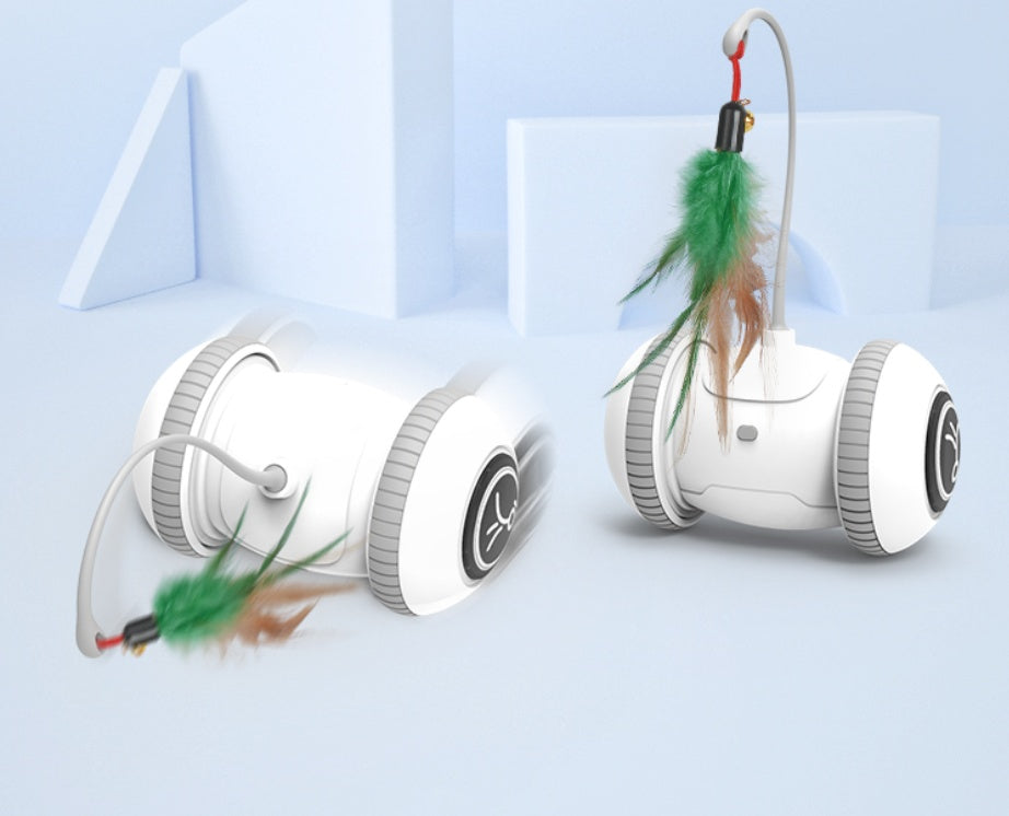 Two white wheel-base interactive cat toys with green and brown feather heads on Tampa Home & Garden Store