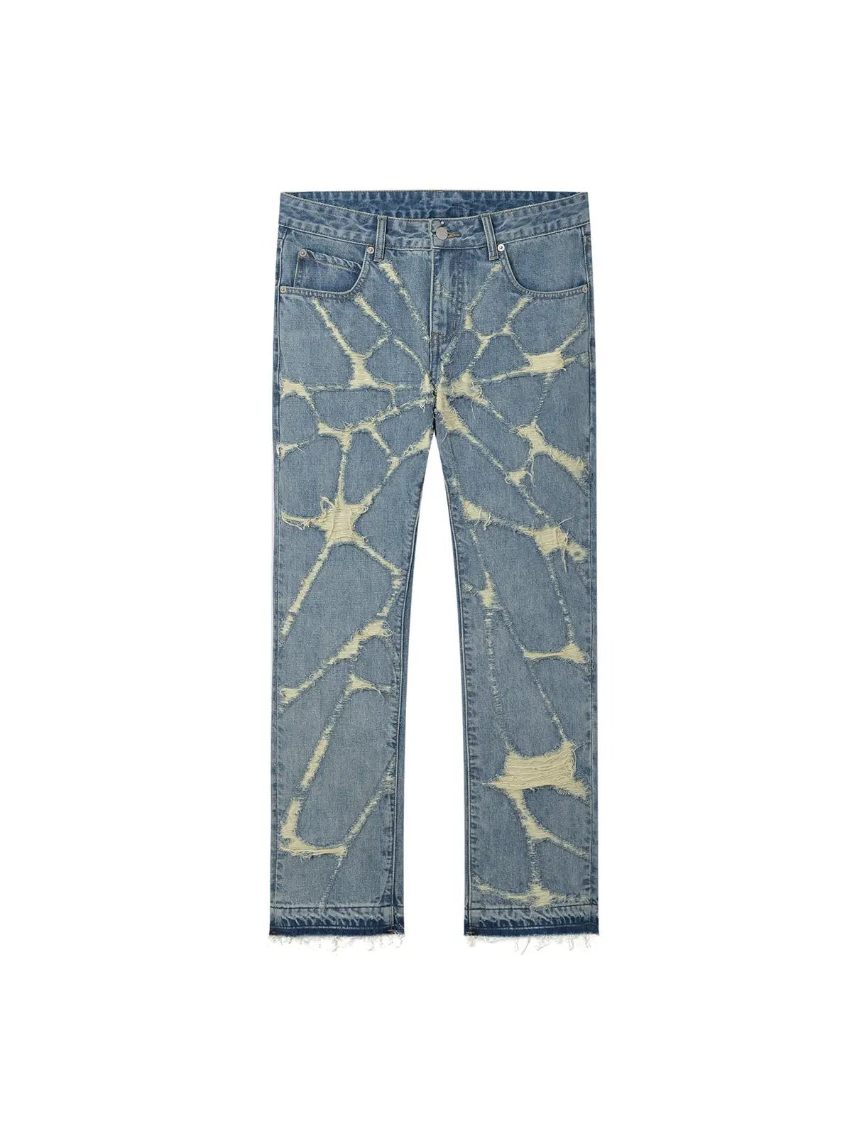 FLIPSTYLEZLLC High Street Wash destroyed spider web jeans, blue distressed denim, straight leg on Tampa Home & Garden Store