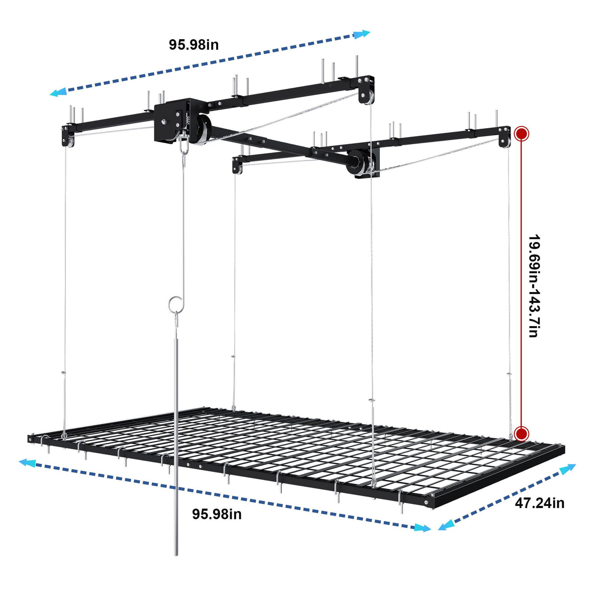 Overhead garage storage rack with crank system, black metal frame and wire shelf on Tampa Home & Garden Store
