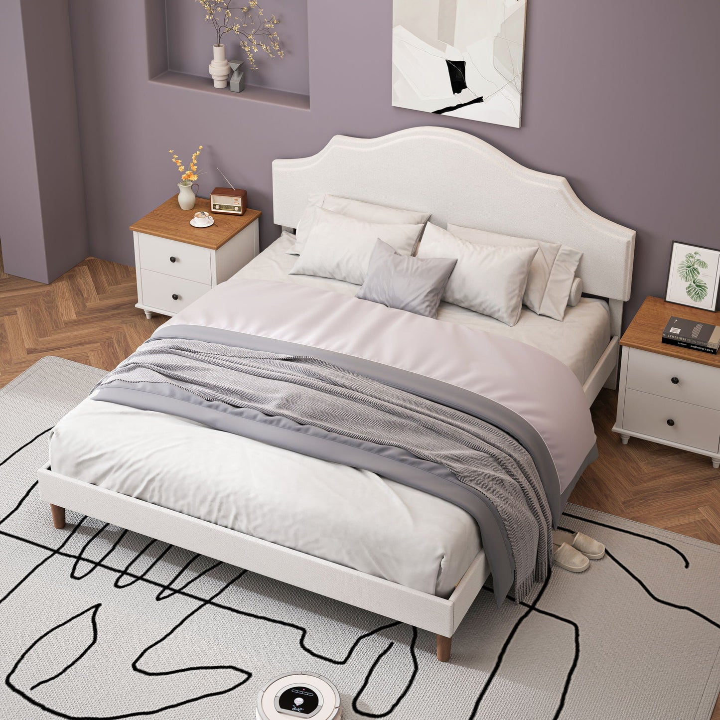 King Upholstered Platform Bed Frame in White