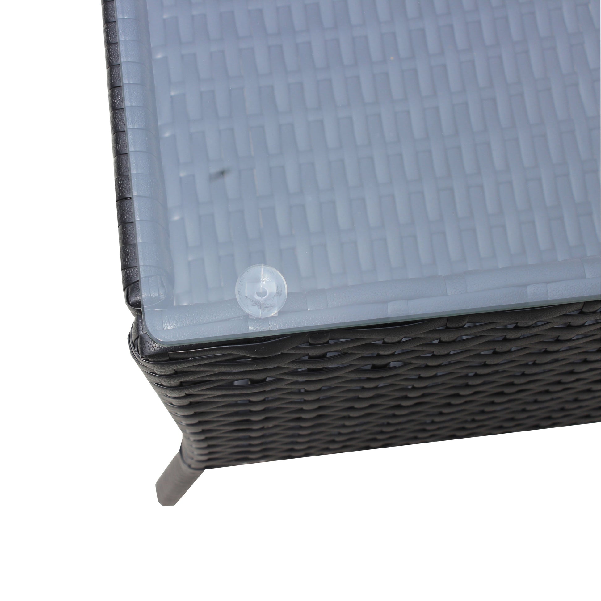 4 pc rattan outdoor patio furniture set gray wicker corner piece close up on Tampa Home & Garden Store
