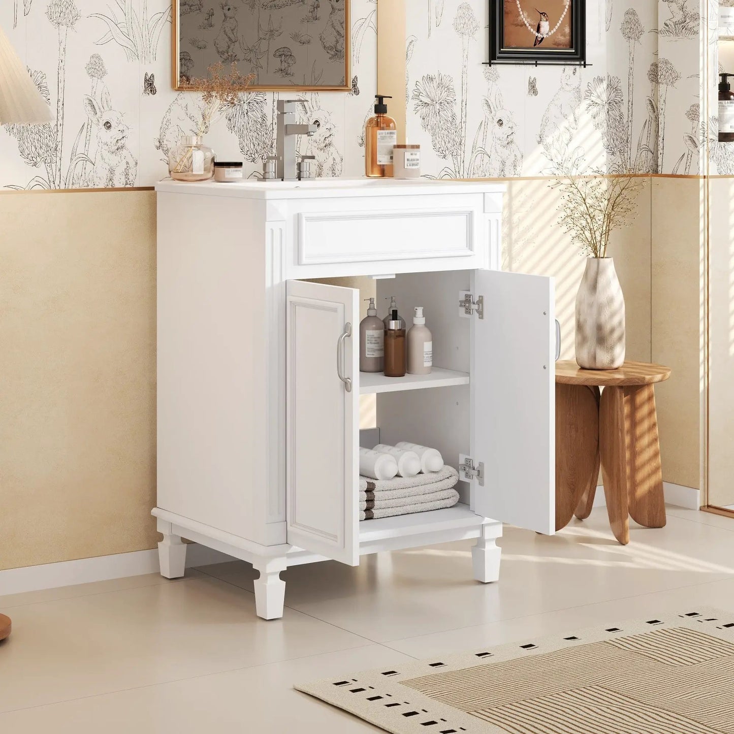 Bathroom vanity with sink, white cabinet, chrome faucet, 2 soft closing doors, open shelf towels on Tampa Home & Garden Store