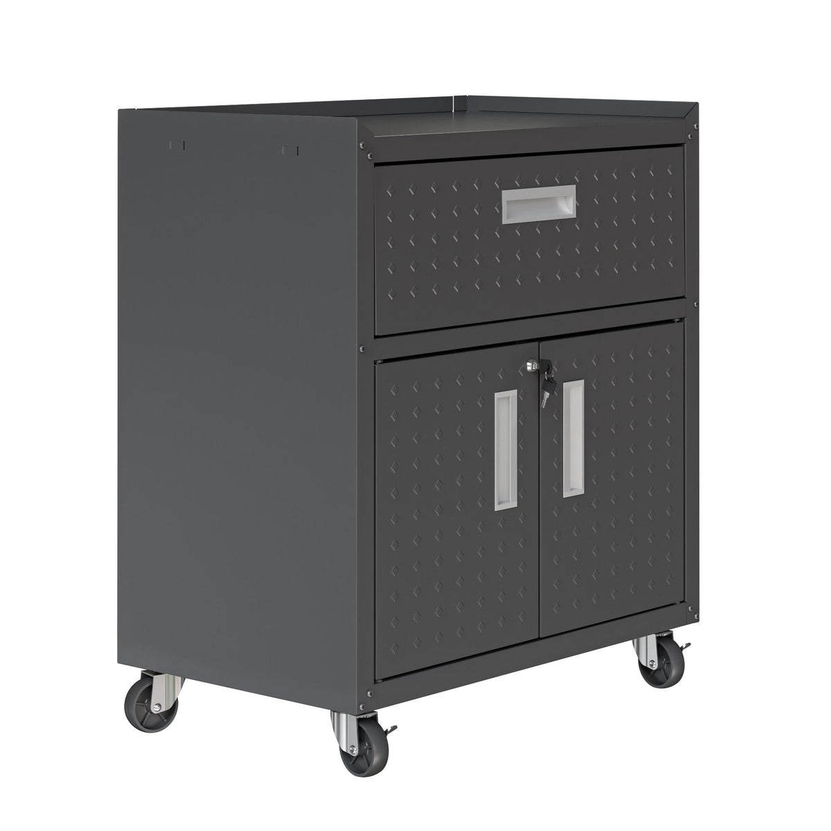 Mobile garage cabinet with locking system, gray steel, diamond-plate doors and casters on Tampa Home & Garden Store