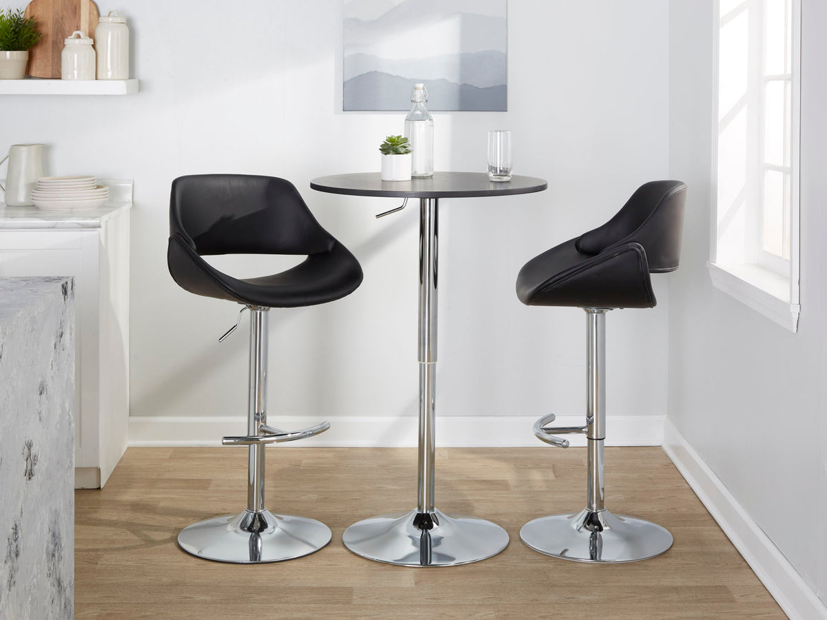 Contemporary adjustable bar table with hydraulic lift black top and chrome base, two stools on Tampa Home & Garden Store