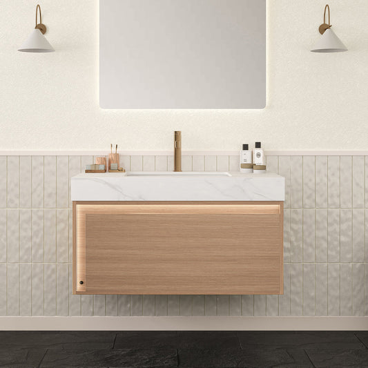 Nyah 36in vanity and sink with floating copper-front cabinet, Carrara top, sensor-light drawer on Tampa Home & Garden Store