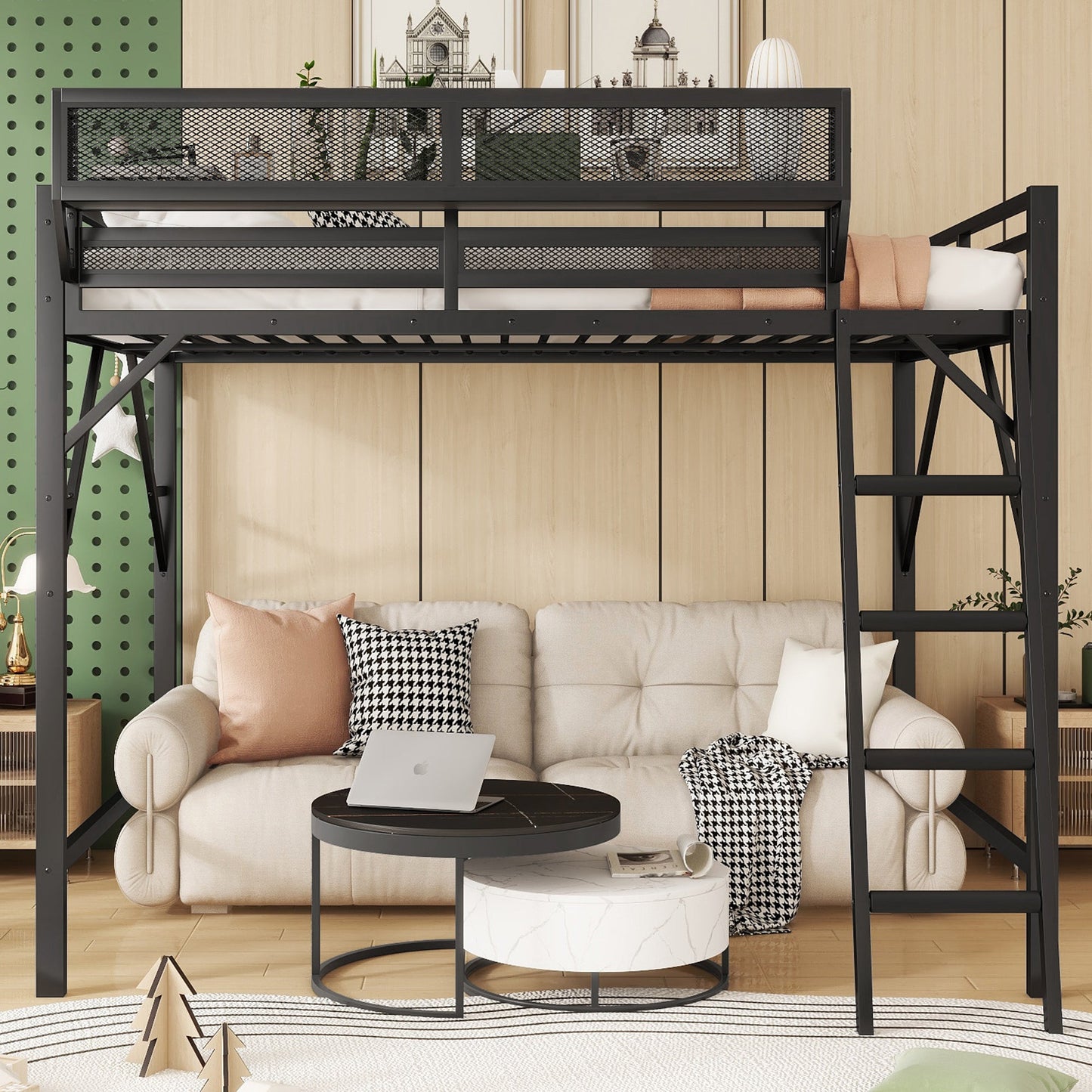 Full size loft bed with ladder and storage shelves black metal frame HouseOfZazla on Tampa Home & Garden Store