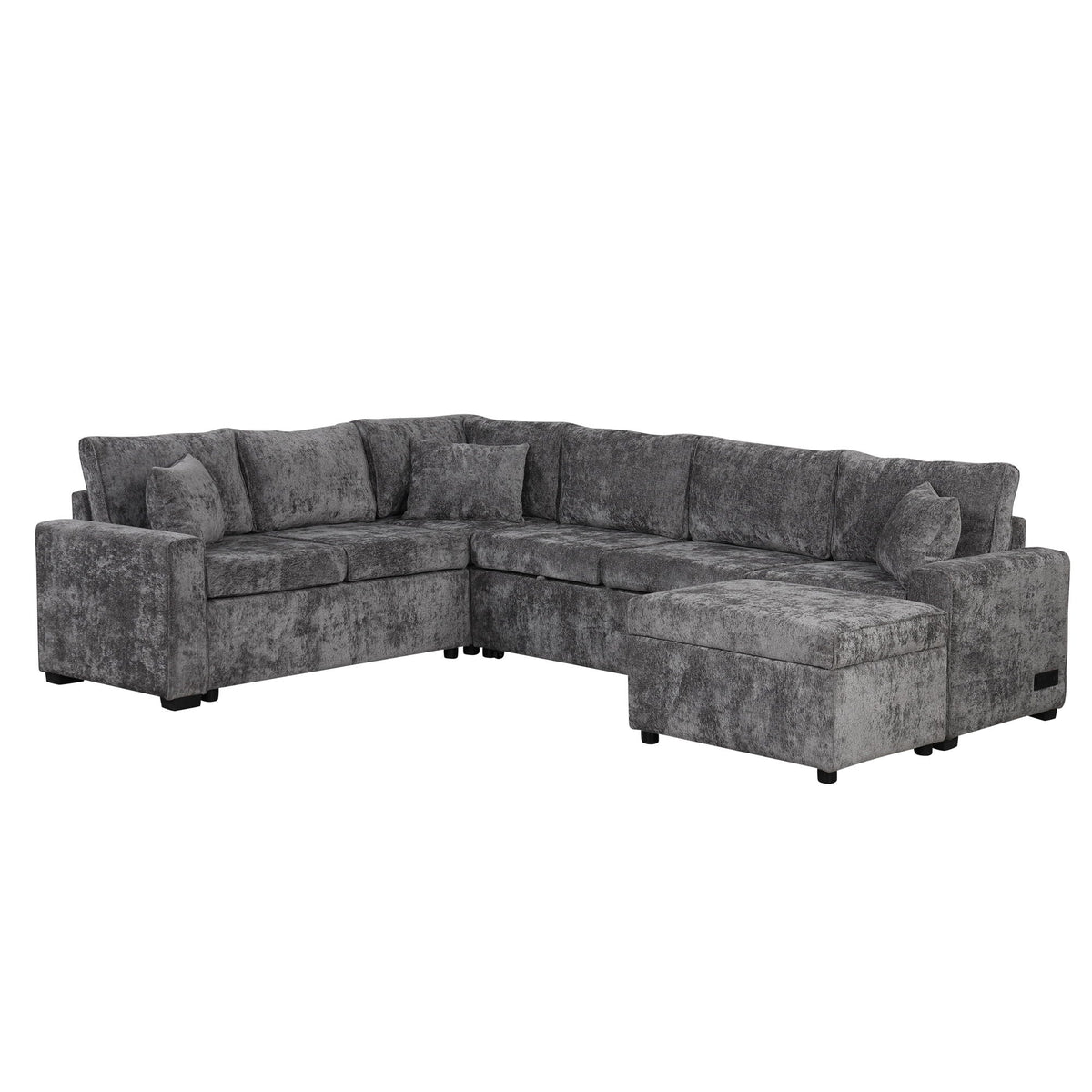 Two-piece sectional sleeper sofa with storage ottoman in gray textured fabric and plush cushions on Tampa Home & Garden Store