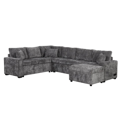 Two-piece sectional sleeper sofa with storage ottoman in gray textured fabric and plush cushions on Tampa Home & Garden Store