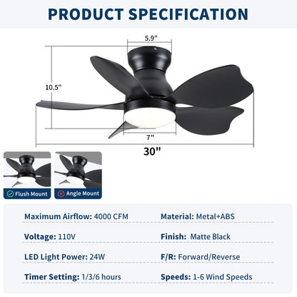 Low Profile Flush Mount Ceiling Fan With Light matte black finish, HouseOfZazla on Tampa Home & Garden Store