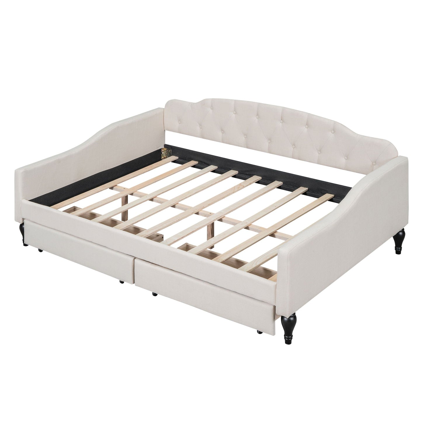 Upholstered tufted daybed in cream fabric with button-tufted headboard and wooden slat base on Tampa Home & Garden Store